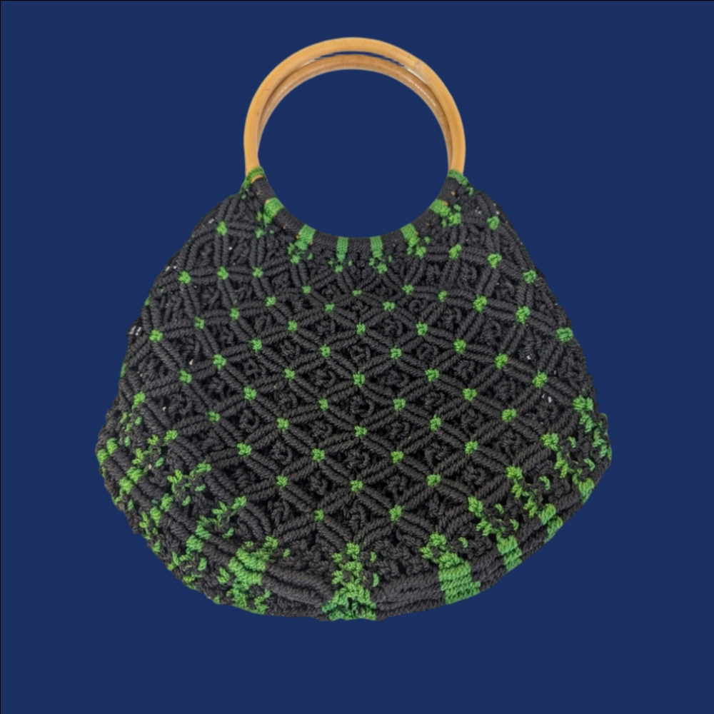 Vintage Bag Crochet  Green Woven Handbag with Bamboo Wooden Handles